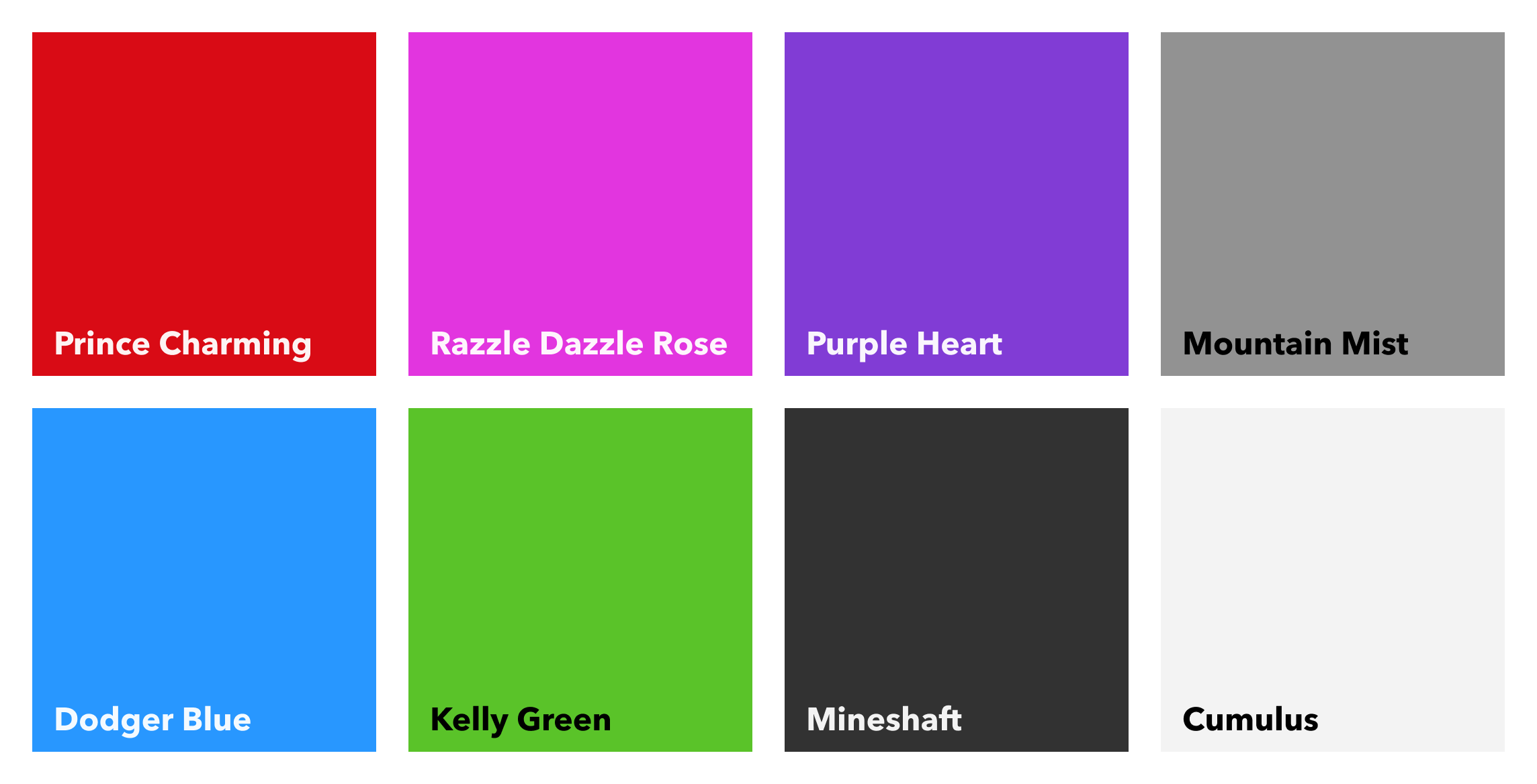 A colour palette combination grid showing several colour combinations: white text on a red background named Prince Charming, white text on a bright purple background named Razzle Dazzle Rose, white text on a purple background named Purple Heart, black text on a mid-grey background named Mountain Mist, white text on a bright blue background named Dodger Blue, black text on a green background named Kelly Green, white text on a dark grey background called Mineshaft, and black text on an almost-white background named Cumulus.