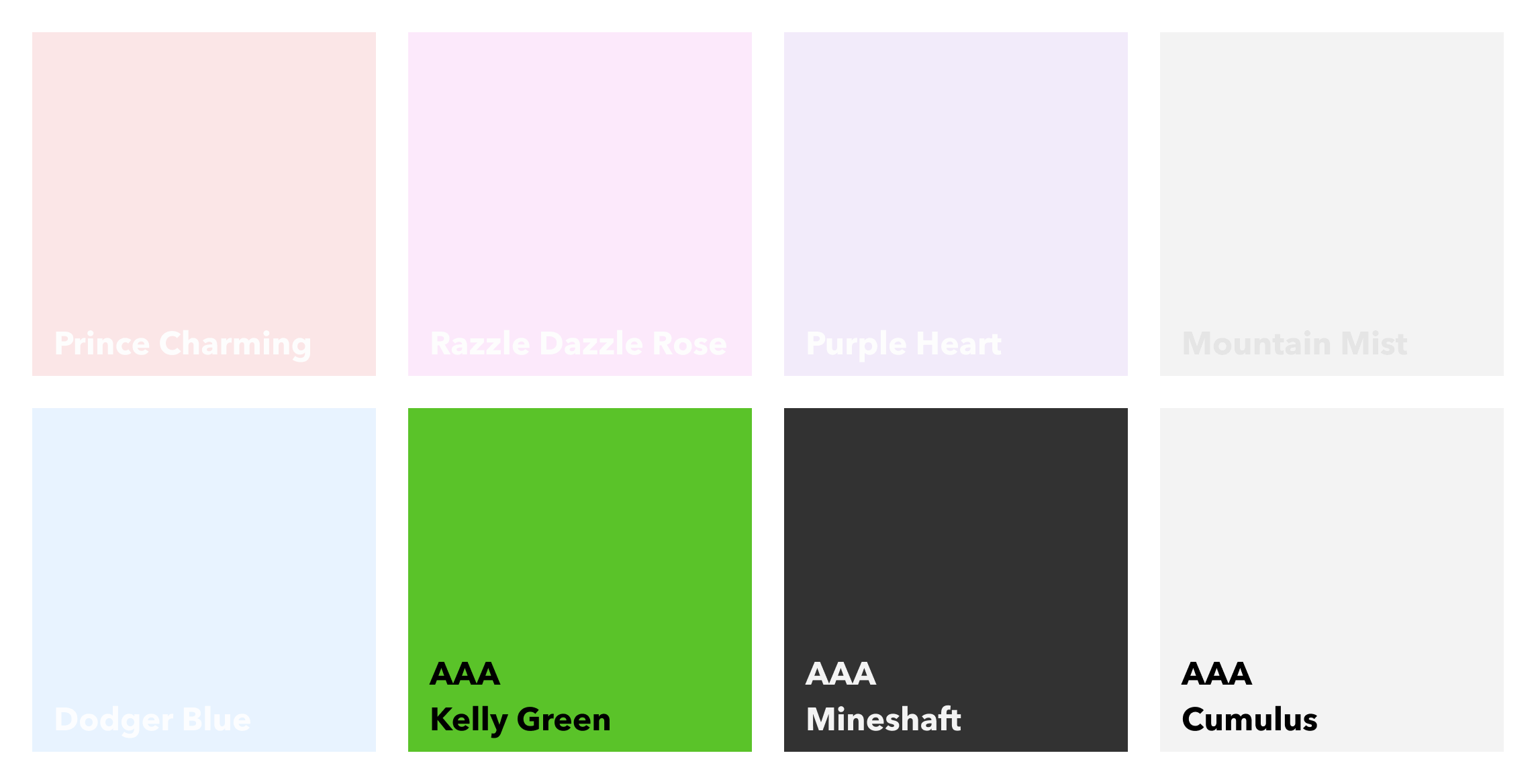 A colour palette combination grid showing the same colour combinations, but highlighting those that meet WCAG2 AAA standard.