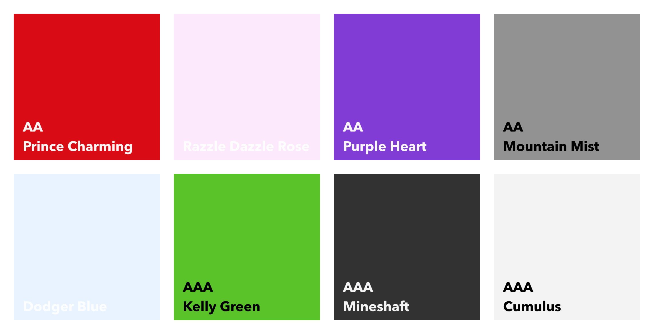 A colour palette combination grid showing the same colour combinations, but highlighting those that meet WCAG2 AA standard.